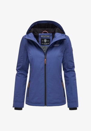 Blaue wasserdichte Jacke mit Kapuze, Reißverschluss vorne, zwei Seitentaschen und schwarzem Innenfutter. Mit Logo- und Tab-Akzenten.