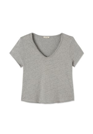 Grijze T-shirt met korte mouwen en V-hals, met een zachte textuur en een ruwe randafwerking langs de halslijn en de zoom. Casual en ontspannen pasvorm.