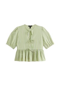 Groen gestreepte blouse met korte pofmouwen, een striksluiting bij de halslijn en een peplumzoom. Heeft afwisselend lichte en donkere strepen.