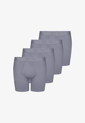 Four pairs of gray boxer briefs, made of smooth fabric, featuring a branded elastic waistband and a contoured pouch design.