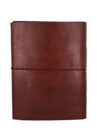 Brown leather notebook with a textured finish, featuring a simple band closure and slightly rounded corners. No visible branding.