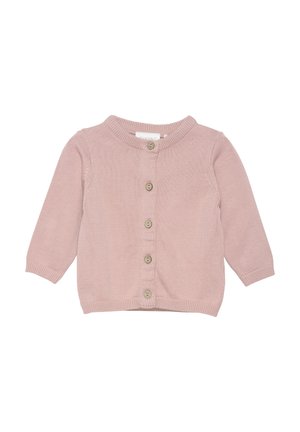 Lyserød strikket babycardigan med lange ærmer og fem knapper foran, med rund halsudskæring og ribstrikkede manchetter og kant.