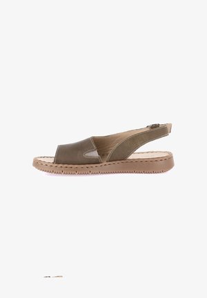 Sandalo aperto marrone con cinturino posteriore, suola imbottita e cuciture visibili, dotato di cinturino regolabile e suola esterna in gomma antiscivolo.