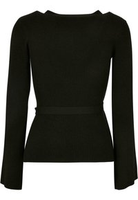 Pull noir côtelé à manches longues avec un bas légèrement évasé et une ceinture assortie à la taille.