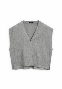 Gray sleeveless wrap top made from textured fabric, featuring a deep V-neck and a cropped hem with a clean finish.