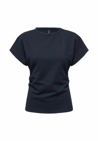 Haut bleu marine à manches courtes avec encolure ronde et côtés froncés, présenté sur fond blanc.