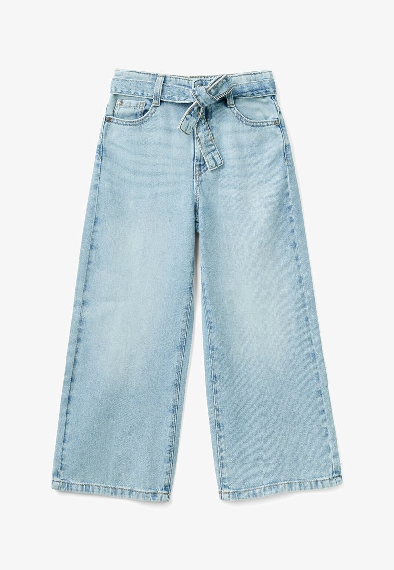 Světlé modré denimové kalhoty typu wide-leg s vysokým pasem, uvázaným látkovým pásem a dvěma předními kapsami, s čistým, rovnými střihem.