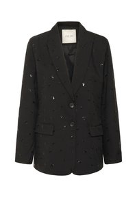 Schwarzer Blazer mit glitzernden Pailletten, zwei Knöpfen, Spitzenrevers und Seitentaschen; aus strukturiertem Stoff gefertigt.