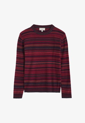 Rood en marineblauw gestreepte trui met een ronde halslijn en geribde cuffs. Zachte stof met verschillende streepwijdtes voor extra textuur.