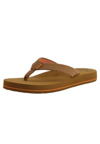 Pruunid flip-flop sandaalid tekstureeritud kummist tallaga, millel on kudumisega varbaosa ja oranž aktsenttriip põhja äärtes.