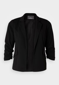 Černé sako s úzkým střihem, vyrobené z hladké látky. Má zapínání na jeden knoflík, vyhrnuté rukávy a boční kapsy.