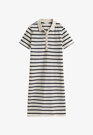 Robe polo à manches courtes rayée crème et marine avec un col et trois boutons sur la patte de boutonnage avant.