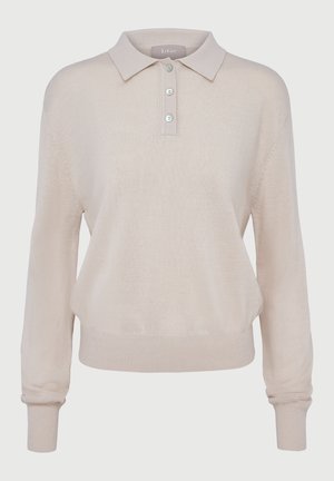 Beige gestrickter Poloshirt-Pullover mit langen Ärmeln, knöpfbarem Ausschnitt, gerippten Bündchen und Saum, mit einer weichen Textur und lässiger Passform.