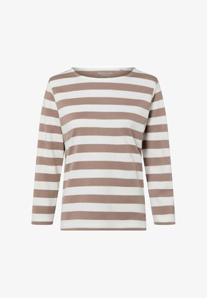 Langärmeliges Baumwolloberteil mit horizontalen beige-weißen Streifen, weitem Rundhalsausschnitt und lockerem Schnitt. Keine zusätzlichen Verzierungen.