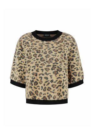 Kortemouwen donzige trui met beige en bruine luipaardprint en zwarte geribde hals, boorden en zoom.