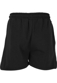 Schwarze Baumwollshorts mit elastischem Bund, die ein einfaches Design und eine glatte Textur aufweisen. Der Saum ist leicht abgerundet für zusätzlichen Komfort.