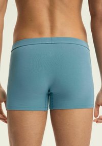 Jasnoniebieskie bokserki o gładkiej fakturze i elastycznym pasku w talii, z bezszwowym wzornictwem i krótkim krojem nogawki.