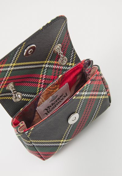 Black faux leather wallet with red, green, and yellow plaid pattern, snap closure, and red satin interior featuring a logo label.