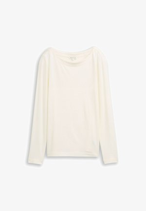 T-shirt à manches longues en tissu écru, avec un large col, une coupe décontractée et une texture douce. Design simple sans motifs ni accents.