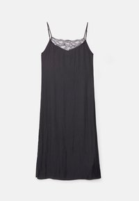 Robe noire en satin avec des bretelles ajustables et un décolleté en dentelle. Silhouette simple en A.
