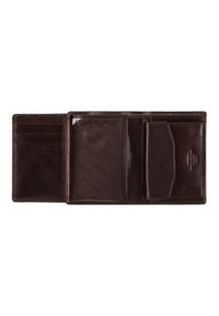Portafoglio in pelle marrone con più scomparti per carte, una finestra trasparente per l'ID e un ampio compartimento. Texture liscia e dettagli cuciti.