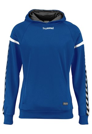 Niebieska bluza z kapturem Hummel z białymi pasami w kształcie jodełki na rękawach, logo z przodu i małą czarną metką przy dole.
