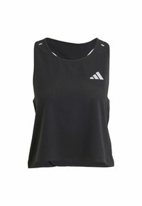 Sort sansærmet træningstop med rund halsudskæring, tekstureret stof og et reflekterende hvidt logo på venstre brystområde.