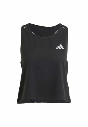 Czarna bezrękawnik sportowy z okrągłym dekoltem, teksturowana tkanina i odblaskowe białe logo na lewej części klatki piersiowej.