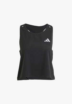 Czarna bezrękawnik sportowy z okrągłym dekoltem, teksturowana tkanina i odblaskowe białe logo na lewej części klatki piersiowej.