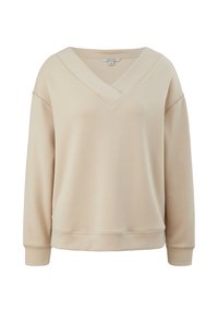 Sudadera beige de cuello en V profundo, diseño de hombros caídos, puños acanalados y tejido texturizado. Corte relajado.