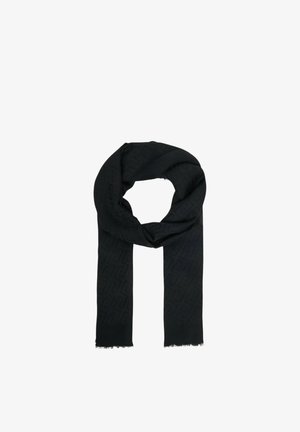 Sciarpa nera con motivo geometrico sottile e estremità frangiate, piegata a forma di anello su uno sfondo bianco.