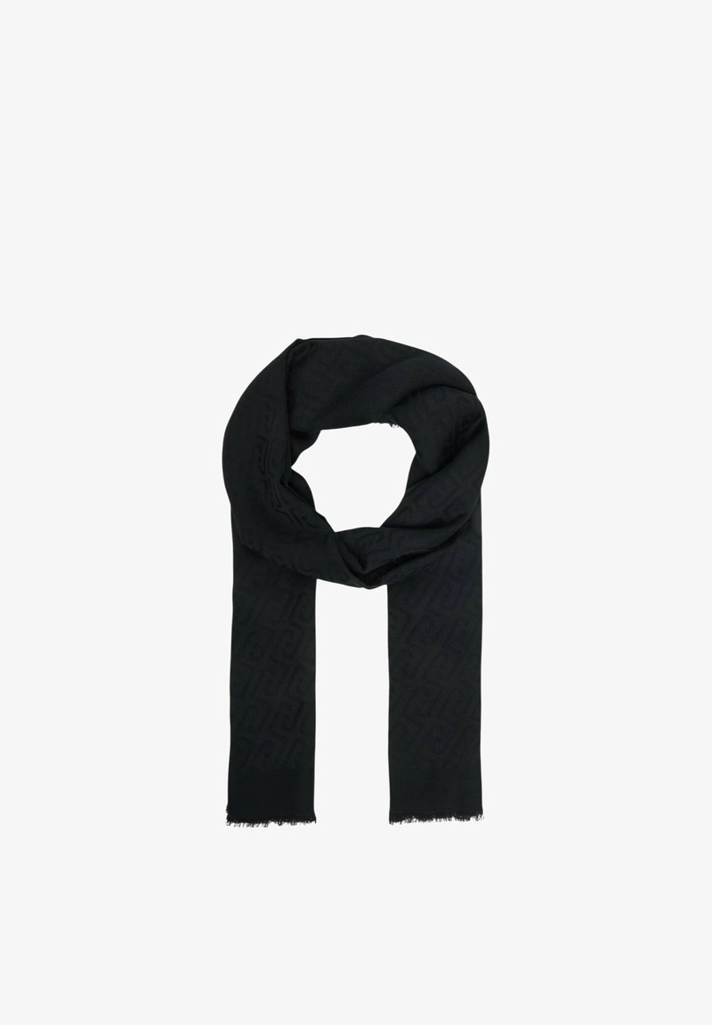 Écharpe noire avec un motif géométrique subtil et des extrémités à franges, pliée en boucle sur un fond blanc.