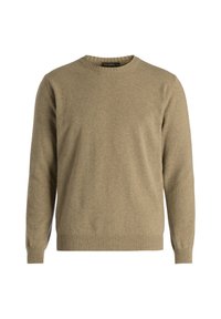 Beżowy sweter z wełny z okrągłym dekoltem, długimi rękawami oraz ściągaczami na mankietach i dole. Miękka tekstura, lekki design i minimalne detale.