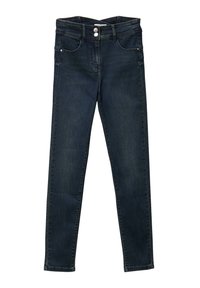 Dunkelblaue Skinny Jeans mit hoher Taille, zwei Fronttaschen und zwei Gesäßtaschen. Besitzt einen Knopfverschluss und einfache Nähdetails.