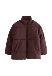 Giacca puffer color bordeaux con collare alto, chiusura con zip e due tasche laterali; design trapuntato con una texture morbida e una vestibilità oversize.
