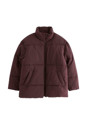 Bordeaux pufferjakke med høj krave, lynlås-lukning og to sidelommer; quiltet design med blød tekstur og oversized pasform.