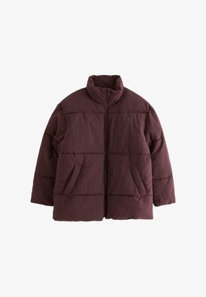 Giacca puffer color bordeaux con collare alto, chiusura con zip e due tasche laterali; design trapuntato con una texture morbida e una vestibilità oversize.