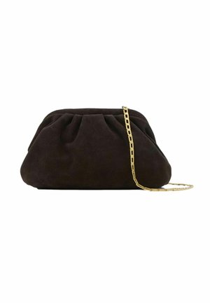 Brown suede clutch bag with a gathered design, featuring a gold chain strap. Soft texture enhances its elegant appearance.