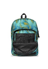 Mochila con un fondo azul verdoso y un patrón de hojas de palma amarillo-verdosas. Cuenta con un compartimento con cremallera negra y bolsillos de malla en el interior.