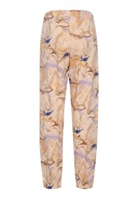 Leichte, gemusterte Hose in Beige mit wirbelnden Designs in Braun, Lila und Blau. Elastischer Bund und tapered Cuffs.
