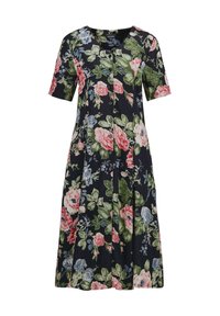 Robe à boutons florale à manches courtes, avec un fond bleu marine foncé, de grandes roses roses et vertes, et des accents bleus.