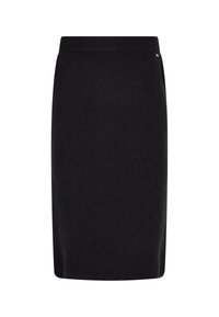 Schwarzer gerippter Strickrock mit gerader Silhouette und weitem Bund. Einfaches Design, glatte Textur, ohne Muster oder Akzente.