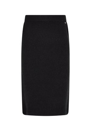 Černá žebrovaná pletená sukně s rovnou siluetou a širokým pasem. Jednoduchý design, hladká textura, bez vzorů nebo akcentů.