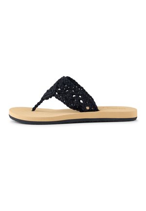 Black woven flip-flop with a textured strap, beige footbed, and black rubber sole. Minimalist design with open-toe style.