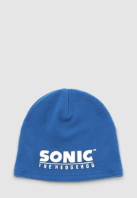 Niebieska czapka z polaru z płaskim wierzchem i złożonym brzegiem. Posiada białe napisy "SONIC THE HEDGEHOG" z przodu. Miękki i fakturowany materiał.