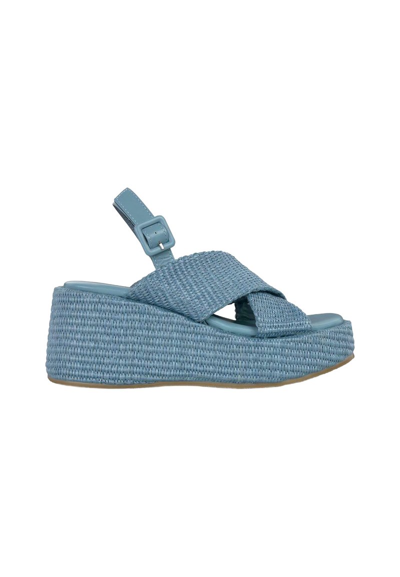 Blauwe geweven wedge sandalen met kruissluiting, verstelbare enkelband en gestructureerde bovenkant. Rubberen zool voor grip.