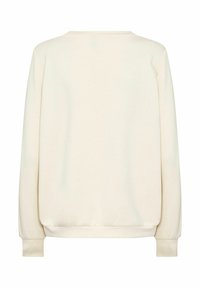 Crème-kleurige sweatshirt met lange mouwen, ronde hals, ribgebreide manchetten en onderrand. Glad textuur, eenvoudig ontwerp zonder patronen of accenten.