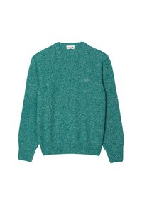 Maglione lavorato a maglia di colore teal, con maniche lunghe, scollatura a girocollo, polsini e orlo a costine; presenta un piccolo logo ricamato sul petto.