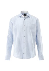 Helle blaue Langarmbluse mit weißen vertikalen Streifen, Button-Down-Kragen und silbernen Knöpfen. Glattes Material mit regulärer Passform.