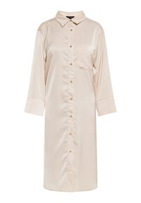 Helles beige Satinhemdkleid mit Kragen, langen Ärmeln, Knopfleiste, Tasche auf der linken Brustseite und abgerundetem Saum.